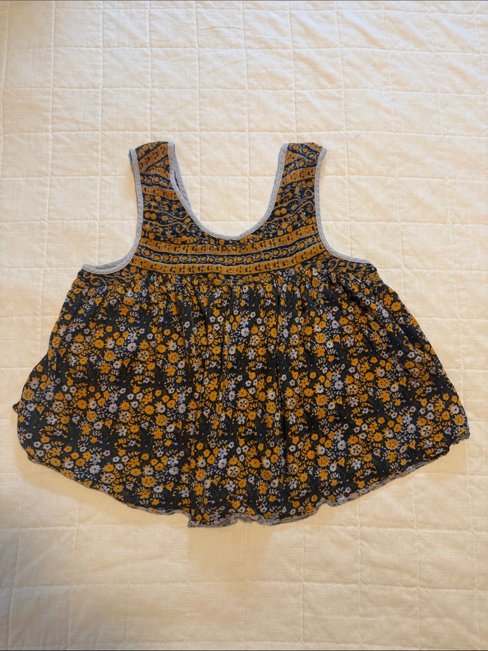 Free People- Women’s Floral Scoop Neck Tank Top - Mustard & Blue- medium